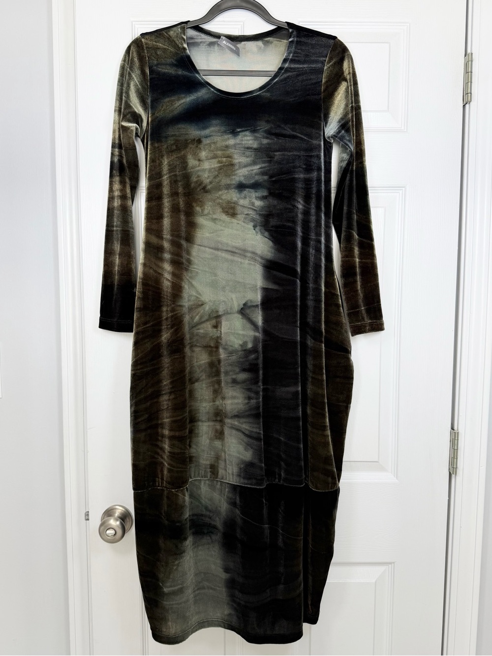 Alembika Size 1 (S) • Crushed Velvet Cocoon Dress Green Abstract Lagenlook.